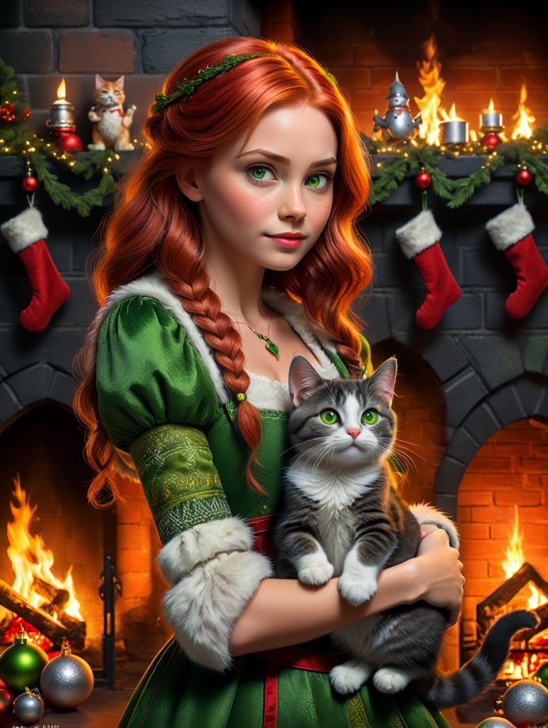 Disney Pixar inspired movie poster with the title Lena in the image a the girl has red hair straight to her shoulders, holds a cat, gray fur, green eyes, at home by the fireplace, Christmas decor