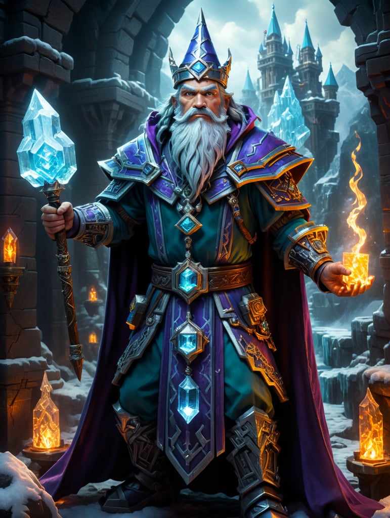 humanized wizard iceologer from minecraft dungeons in vintage fantasy art style