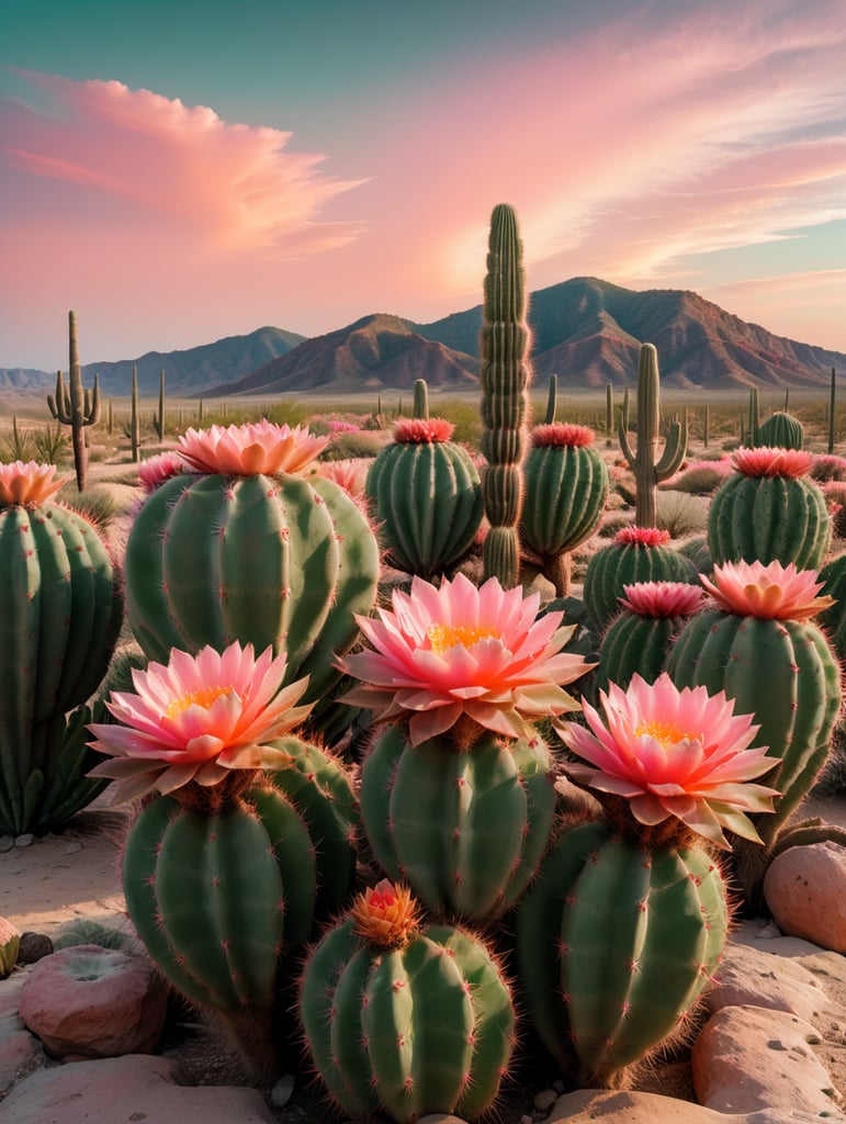 pink cactus in a green desert with an orange sky in the background, retro movie poster, highly detailed, 8k