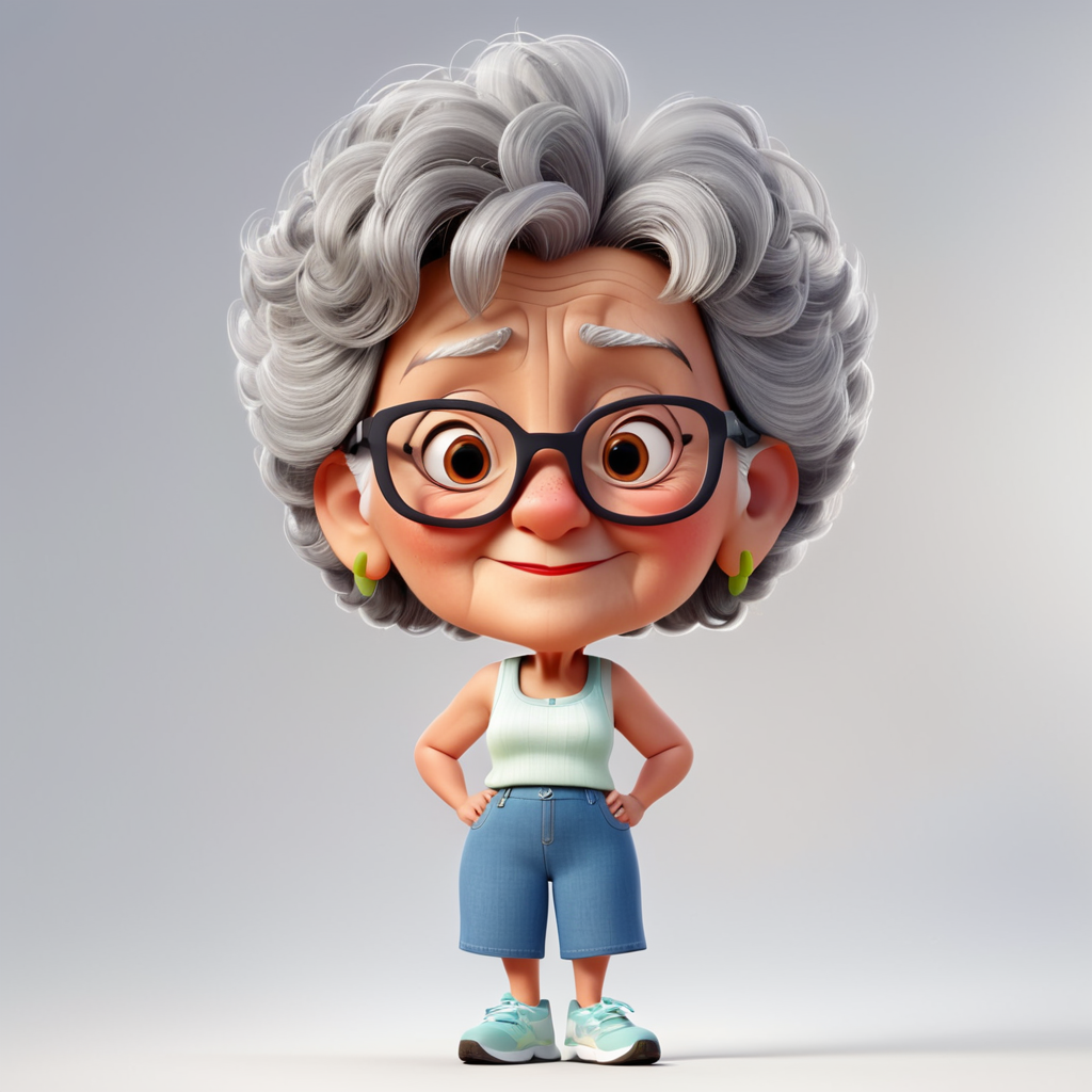 Uma senhora idosa de corpo todo, óculos quadrado, camiseta regata branca lisa, cabelo grisalho muito curto crespo, poucas sardas no rosto, estilo de animação 3d da Disney Pixar.