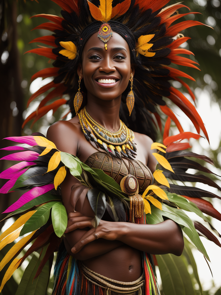 Papua New Guinea lady smiling, head dress, bright multi coloured feathers, chocolate brown coloured background of leaves , tropical, dramatic light, vibrant iridescent colours,