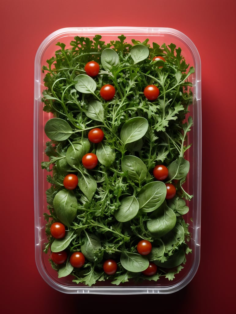 blank Transparent Plastic Container with Arugula Salad, isolated, red background, Mockup, mock up