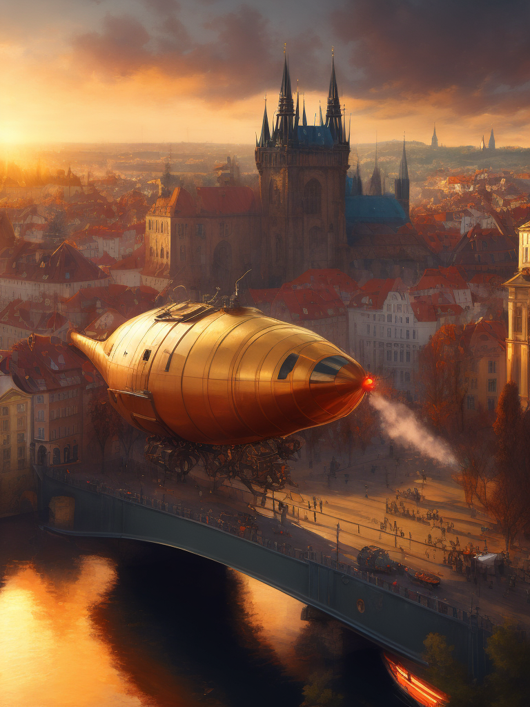 Bird's eye view of Prague, overlooking the river and castles. A steampunk style airship in the foreground. Bright sunny day, rich colors. Rays of the sun.Highly detailed architectural details. Bright lighting, sharp details