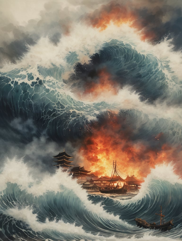 Epic photograph of an earthquake in Japan, large waves, destruction, fire, Japanese painting style