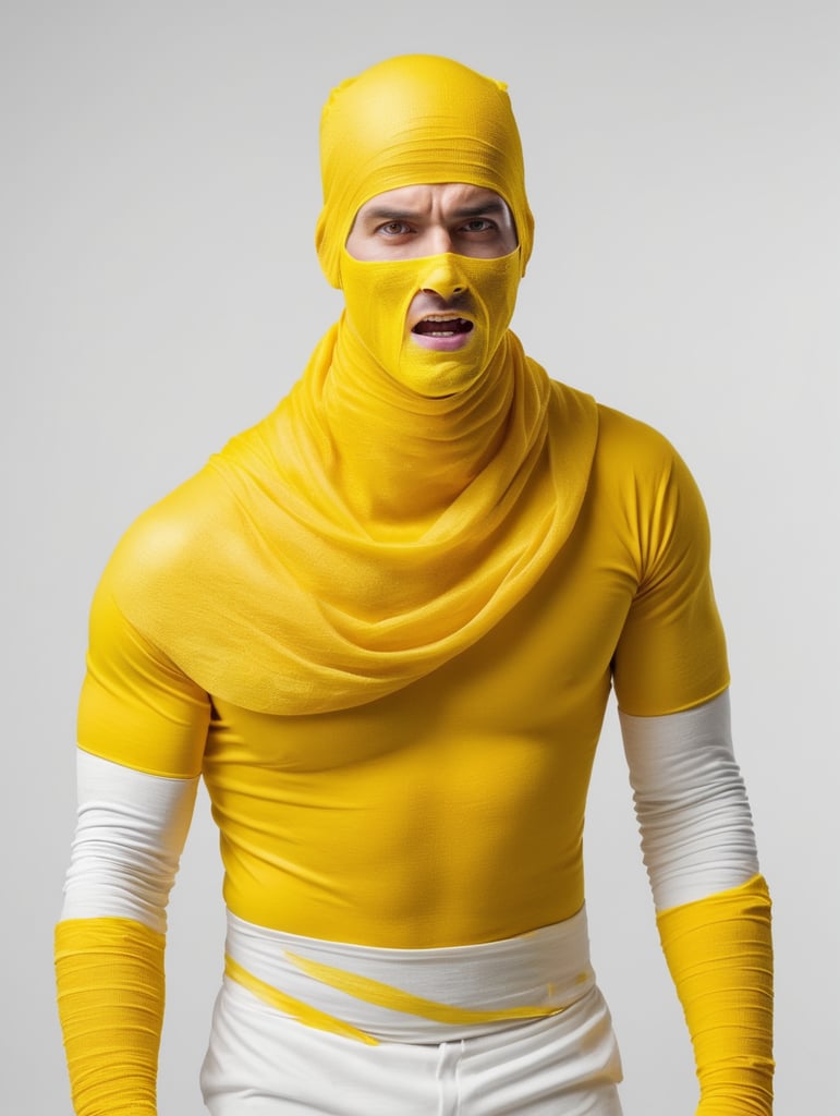 A photograph of man covered in yellow bandages with realistic style, halloween costume, yellow background, full body, show hands, show neck and head