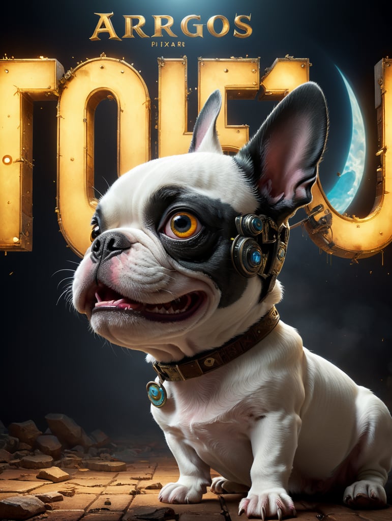 A Disney Pixar-inspired movie poster with title "Argos". In the image a white french bulldog with a black rigth eye and nose beside, with black eyes and a smiling face. The scene should be in the distinct digital art style of Pixar, with a focus on character expressions, vibrant colors, and detailed textures that are characteristic of th animations, with the title "Argos"