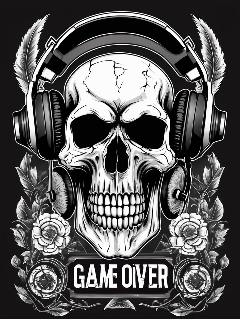 Black and white game over Skull Gaming Logo, vector illustration, vintage dead head or skull of gamer in headphones, vector image