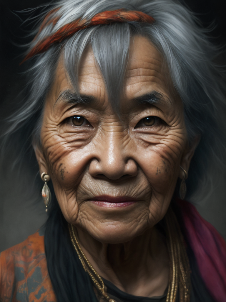 Elderly Asian woman with tattoos on her face, shaman, gray hair, jewelry, black background, black eyes