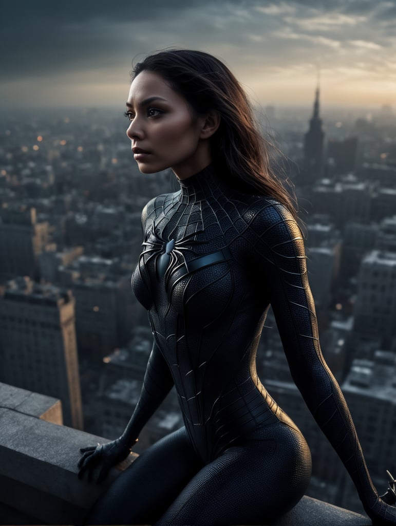 Photo of a slender female Spiderwoman perched high atop a building, viewed from above, with an intricate background. looking to the viewer