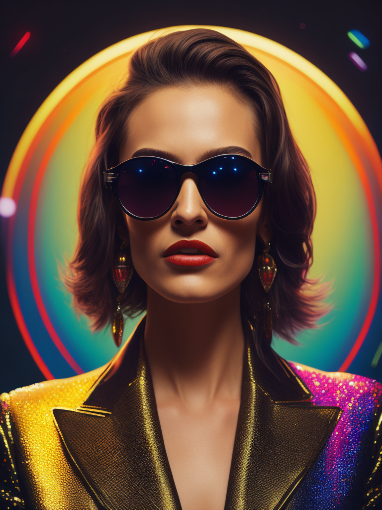 portrait of a woman in an 80's disco wearing sunglasses , in the style of retro funk art, disco themed, Annie Leibovitz, wild and daring, iconic album covers, lively movement, ultimate realism, --ar 53:64
