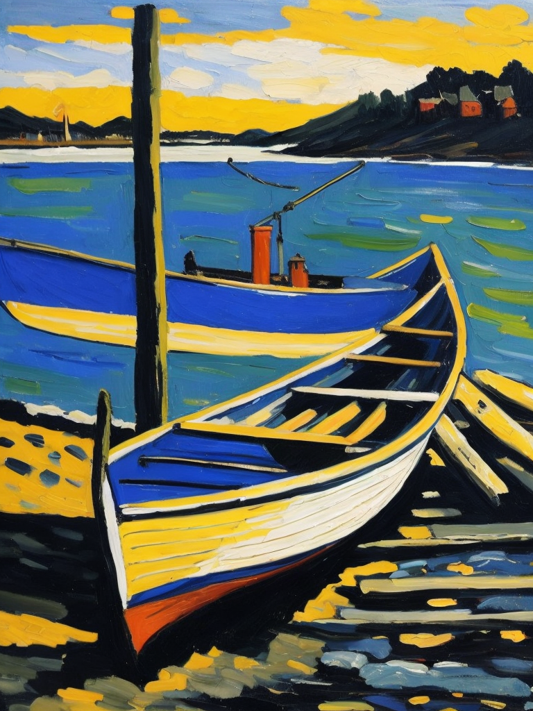fauvisme style art, oil painting, a fisher boat tied to a jetty, by maurice de vlaminck,