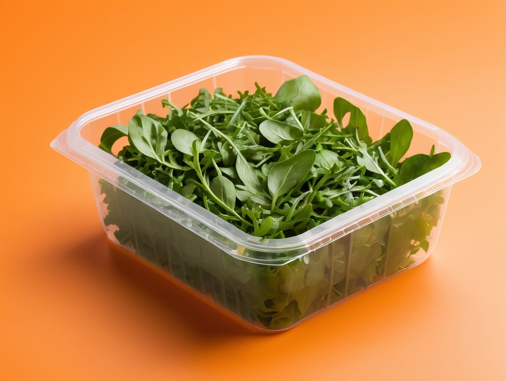 blank Transparent Plastic Container with Arugula Salad, isolated, orange background, Mockup, mock up