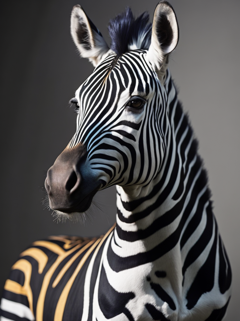 a realistic zebra, shoulders up, smartly dressed with colourful animal print