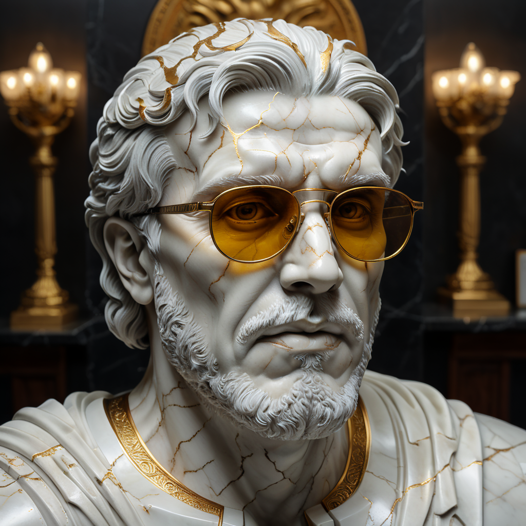 cracked marble sculpture of mans head with glasses, use face from uploaded photo, sculpture on the table, cracked white marble with gold and dark gold, studio lighting, professional photo, soft background, art classical reference