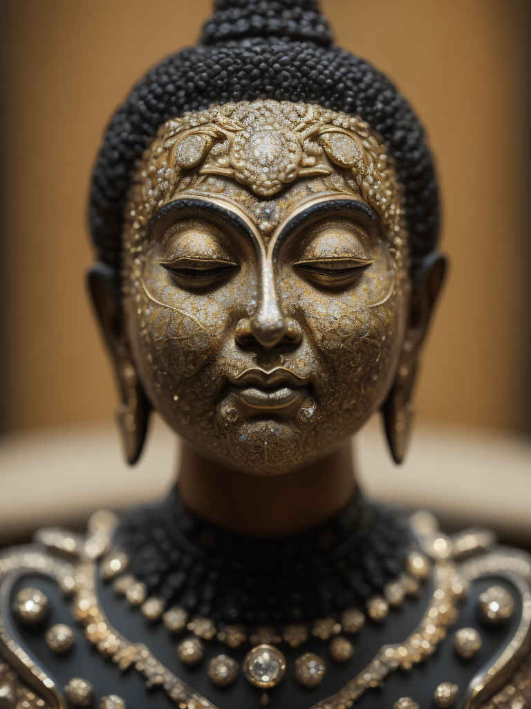 Hyper-realistic photograph: A close-up shot of a Buddha statue, meticulously adorned with diamonds and intricate ornamental carvings. The diamonds embedded in the statue shimmer brilliantly, reflecting light in a myriad of colors, while the delicate carvings depict scenes from Buddha's life and teachings. The statue's serene expression is captured in immaculate detail, with every curve and contour accentuated. The background is blurred to emphasize the statue's opulence and craftsmanship. The lighting is soft yet directional, highlighting the sparkle of the diamonds and the depth of the carvings. Camera settings for the shot: Canon EOS R5, 100mm macro lens, f 2.8, ISO 100, with a gentle spotlight to bring out the brilliance of the diamonds.