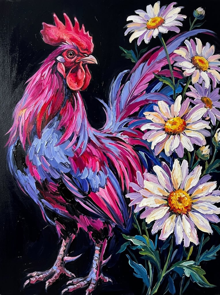 Expressive painting of a rooster blended with large daisies, vibrant magenta and periwinkle blue plumage, sweeping brushstrokes, stark black background