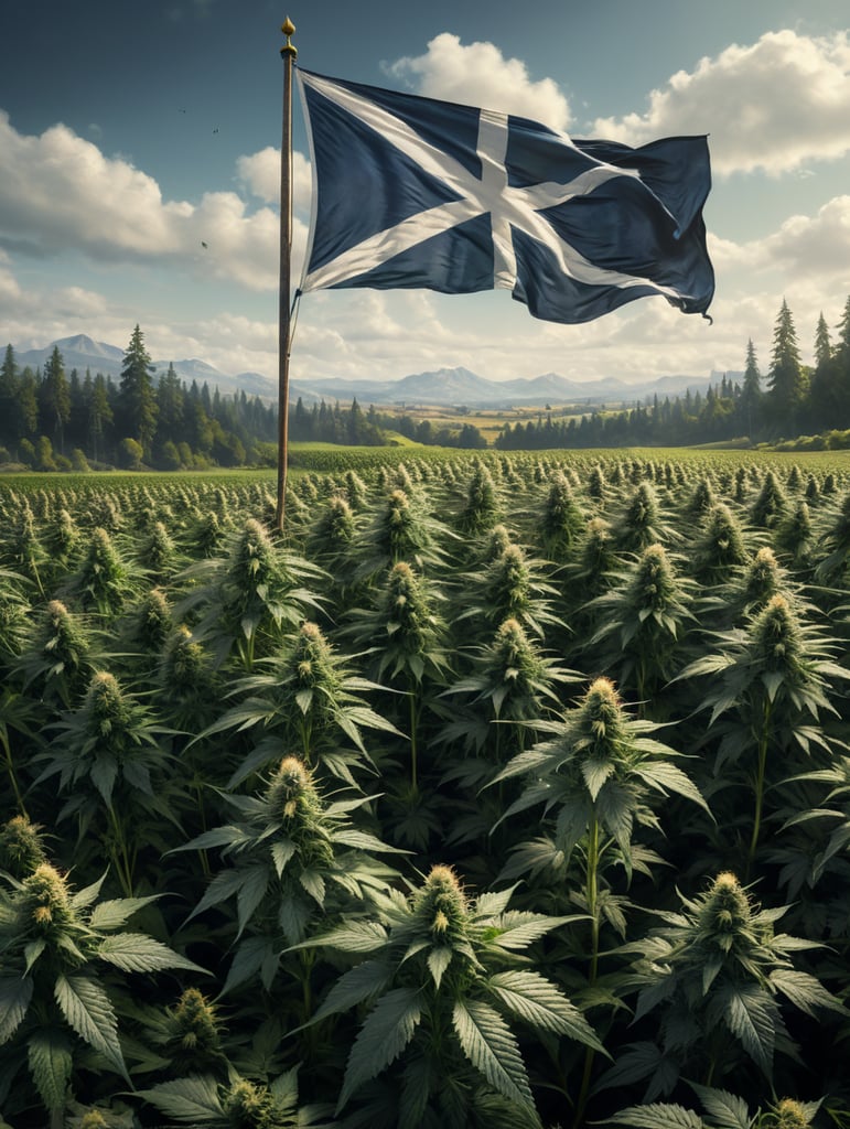 Image of a field of cannabis plants with a Scottish flag in the midground