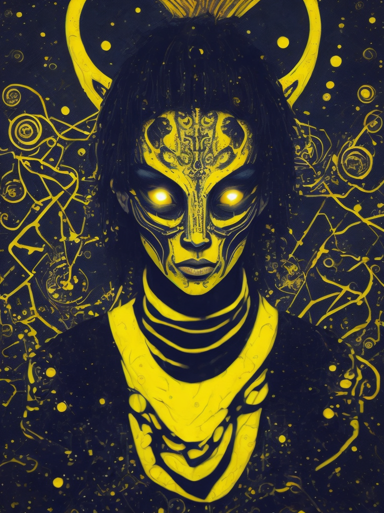 Portrait of an alien, batik, intricate details, surreal, Alien, Cyberpunk Trashcore Style, navy blue and pale yellow, s 1000