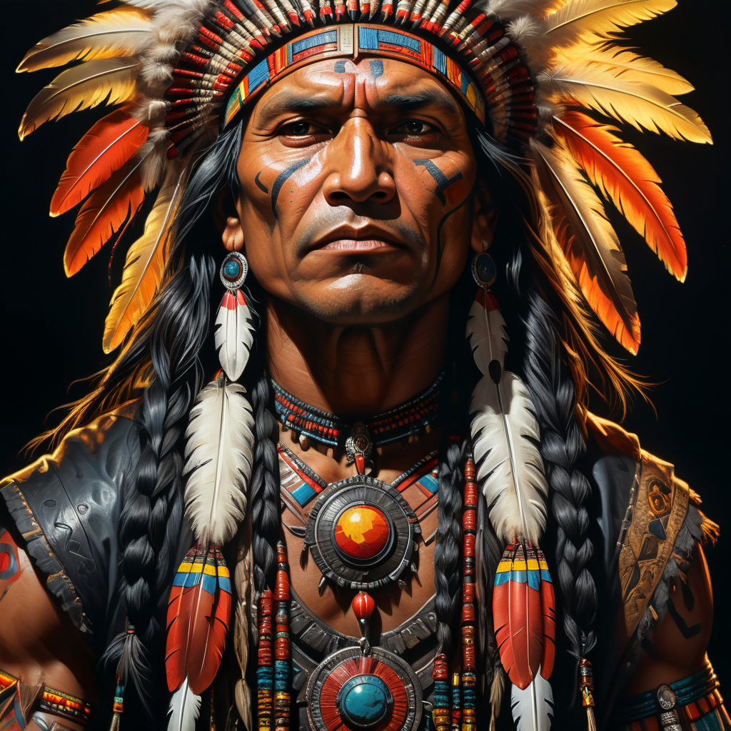 indian native american on black backround, flat style, portrait,Oil Painting style,dramatic night lights, comics