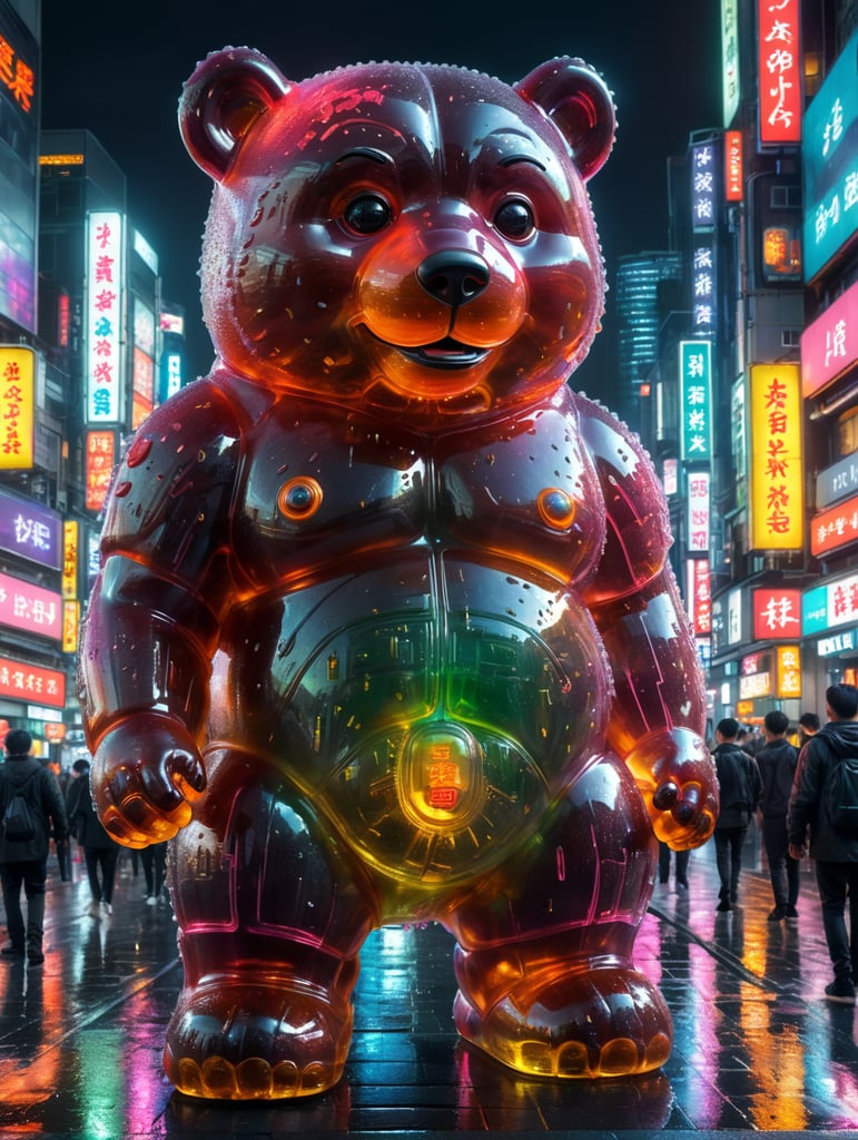 A giant Japanese gummy bear, translucent, 4 stories tall, walking through Tokyo at night, neon rainy city, cyberpunk, techno city