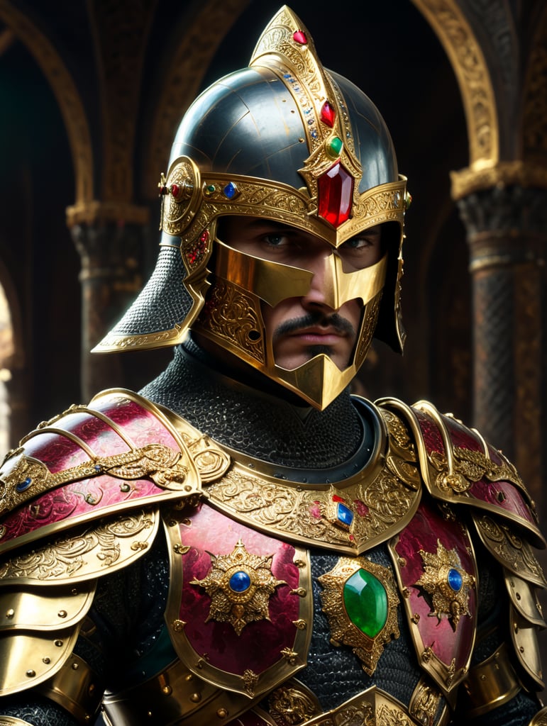 knight warriors, gold encrusted, armor, gold, ruby, sapphire, emerald, opal, Persian helmet
