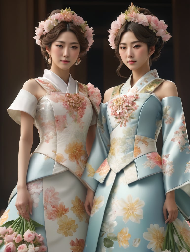 foto setengah badan dua perempuan jepang dengan pakaian seperti ratu bunga,pria memiliki rambut sedikit keriting, epic details, realistic, raytracing, photorealistic, realistic human photo, ultra realistic, masterpiece