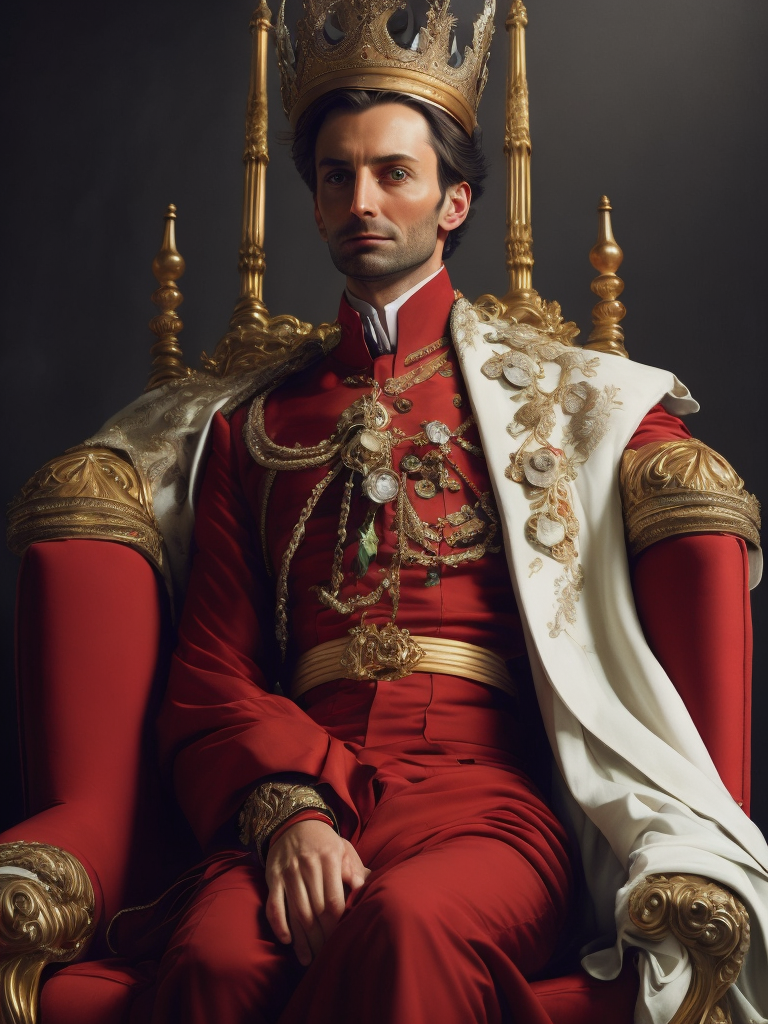 Oil portrait of miles edgeworth, intricate, elegant, highly detailed, lighting, painting, artstation, smooth, illustration, art by greg rutowski and alphonse mucha, david tennant king, david tennant with a crown sits on a throne, france, 1952 year