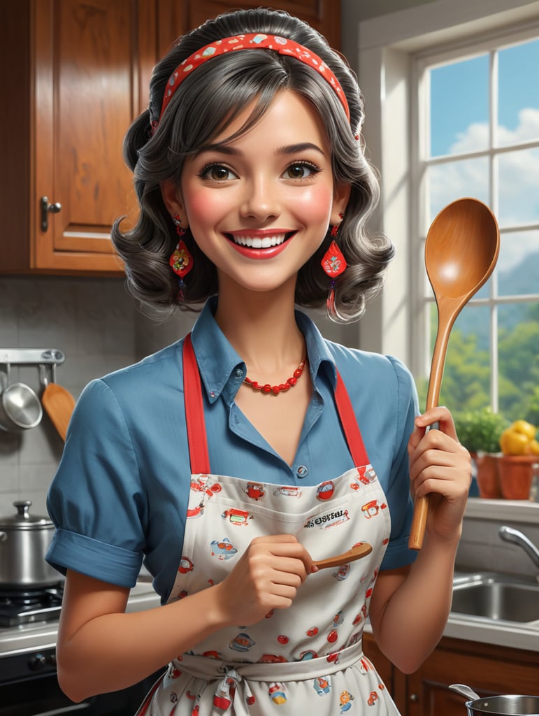 Physical Appearance: Short and cartoonish housewife with a friendly and approachable demeanor. Clothing: Colorful cartoon apron with a cheerful pattern. Pose: Holding a ladle in one hand. The other hand on a cartoonish pan, as if actively stirring. Facial Features: Happy and inviting cartoonish facial expression. Large, friendly eyes and a cheerful smile. Hair and Accessories: Neat and tidy cartoonish hairstyle. Optional: Cartoonish accessories like oversized earrings or a headband. Background: No background, transparent. Overall Style: Cartoonish style with exaggerated features and playful elements. Color Palette: red and grey