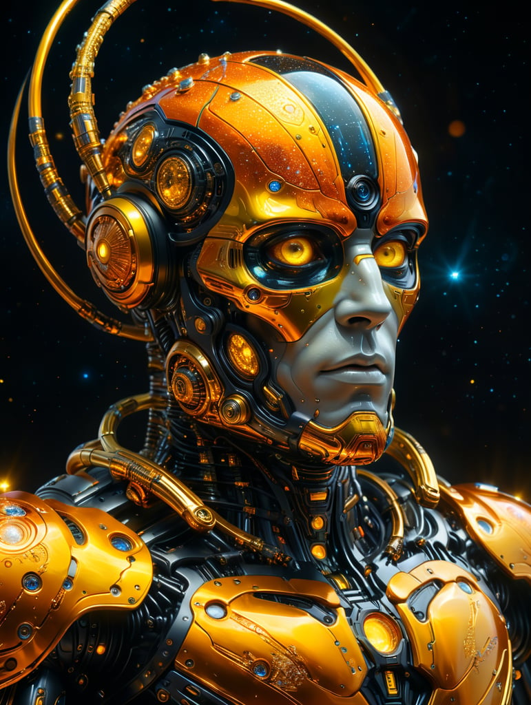 A cyborgtech celestial humanoid being made of pure stardust and pulsing energy floating in astral cosmos. Intense yellow orange black gold colors. Digital art, hyper detailed, masterpiece, high quality, depth of field, ultra HD