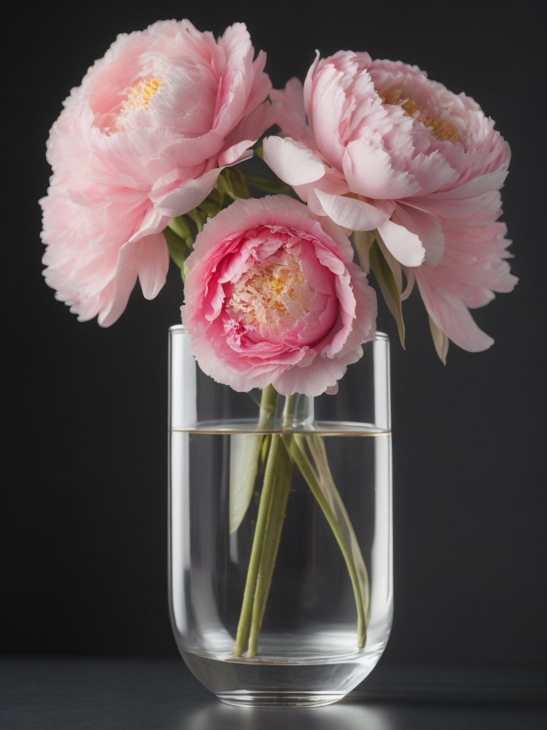 Transparent glass vase with pink peonies, dark gradient background, sharp focus