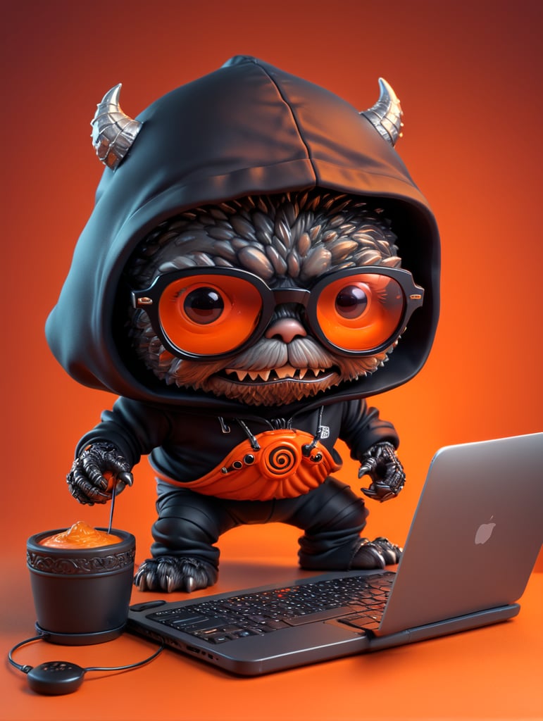 mascot monster typing laptop, a cute mascot character wearing black hoodie and glasses, orange color, funko pop, vibrant gradient background,