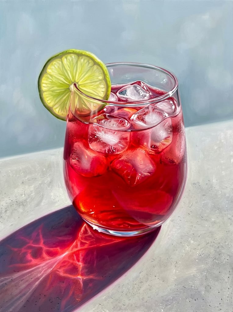 stemless glass filled with vibrant crimson liquid and ice cubes, bright yellow-green lime slice resting on the rim, photorealistic painting, glowing magenta caustic shadow stretching across a flat surface, intense light refraction, strong direct lighting, smooth light blue-grey background, vivid colors, close-up perspective