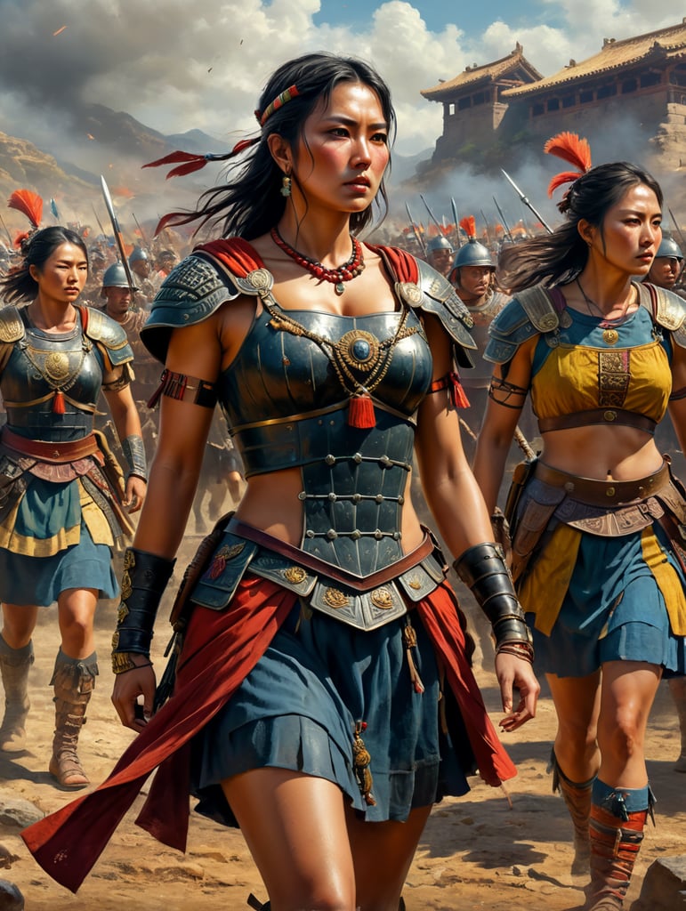 stgrong female roman battlefield apache colorful short dress vintage background old japanese