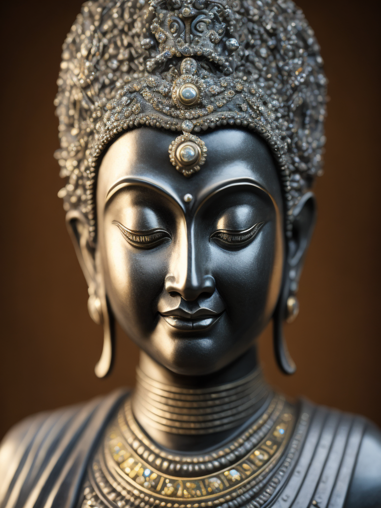 Hyper-realistic photograph: A close-up shot of a Buddha statue, meticulously adorned with diamonds and intricate ornamental carvings. The diamonds embedded in the statue shimmer brilliantly, reflecting light in a myriad of colors, while the delicate carvings depict scenes from Buddha's life and teachings. The statue's serene expression is captured in immaculate detail, with every curve and contour accentuated. The background is blurred to emphasize the statue's opulence and craftsmanship. The lighting is soft yet directional, highlighting the sparkle of the diamonds and the depth of the carvings. Camera settings for the shot: Canon EOS R5, 100mm macro lens, f 2.8, ISO 100, with a gentle spotlight to bring out the brilliance of the diamonds.