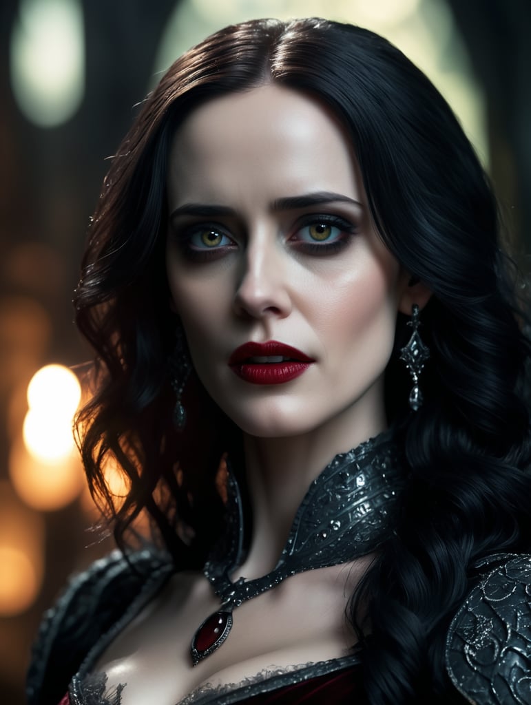 Vampire Queen, backlit, intricate details, highly detailed, slate atmosphere, cinematic, dimmed colors, dark shot, muted colors, film grain, lut, spooky, depth blur, blurry background dof, bokeh, realistic, realistic skin, Eva Green
