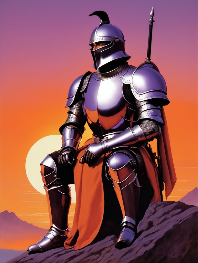 Knight, 1970s book cover, sat, smoking, watching sun set, purple sky, orange sky, colourful armour