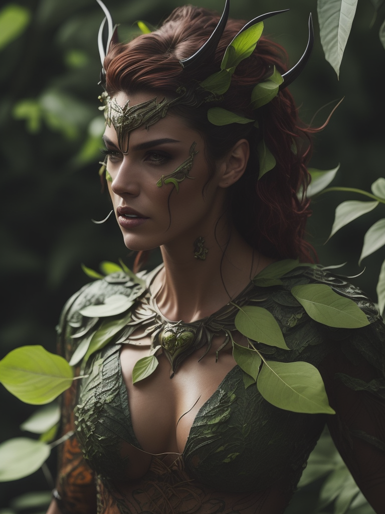 Ultrafine female pan, looking at the camera, front view, with short and curve horns, leaves on its hair, fire flyes around,god of nature, inspired by Poison Ivy from Batman, inspired by swamp thing, sharp details,