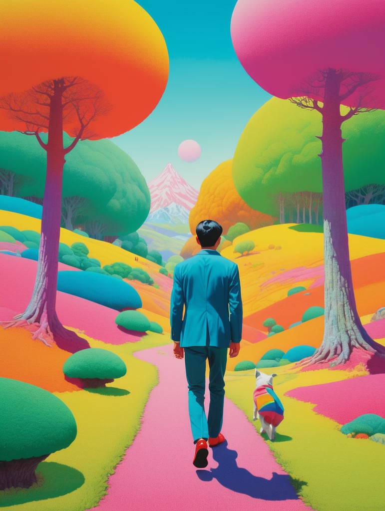 Neo-pop art risograph print, the man is walking through a colorful landscape, in the style of hikari shimoda, alex colville, young british artists (ybas), sandy skoglund, realist detail, pensive stillness, children's book illustrations --no mockup