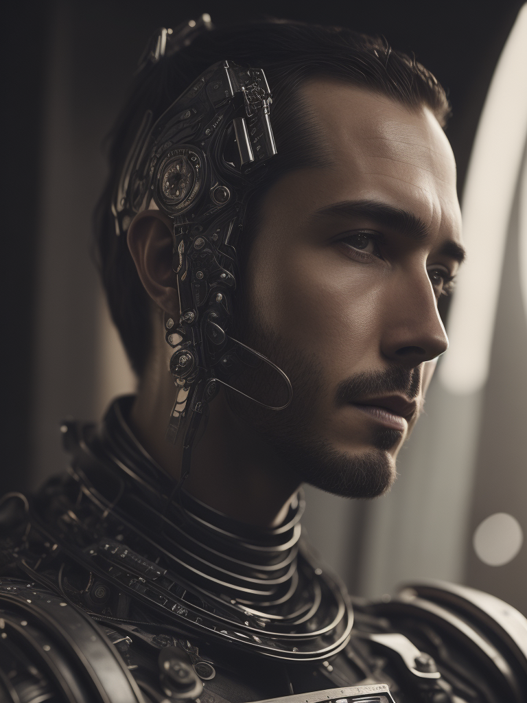 albumen black and white photograph of Victorian artist-painter argueing with Ai cyborg-robot artist, cinematic composition shot, cinematic color grading + photo taken by ARRI, + incredibly detailed, sharpen, details + professional lighting, photography lighting + 35mm, 50mm, 85mm, 100mm