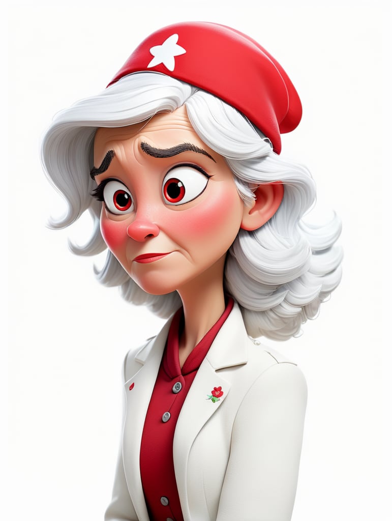 a young women with white hair and red hat on his head is wearing a white lacket, isolated, white background