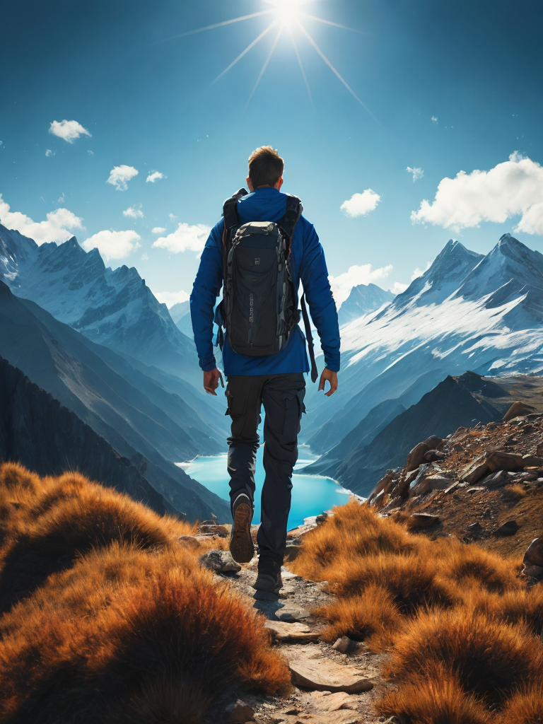 Man hiking in a mountain, brilliant blue sky, serene, peaceful, majestic, high detail, landscape, ultra hd, matte painting, highly detailed, concept art, contrast light, deep colors