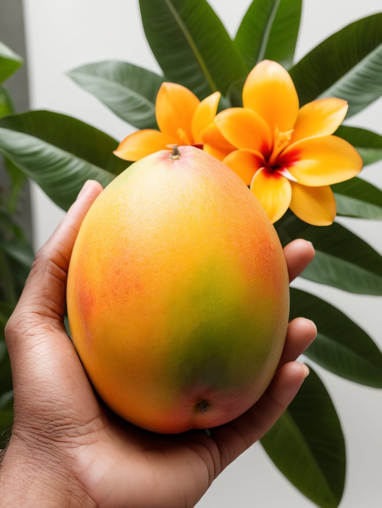 a hand holds a mango with a tropical flowers