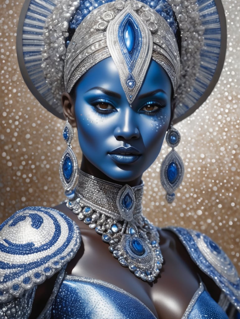 a ed woman in blue and silver looks like she has some white on, in the style of nene thomas, enoch bolles, dark silver and brown, pointillist optical illusions, african influence, hyper-realistic water,