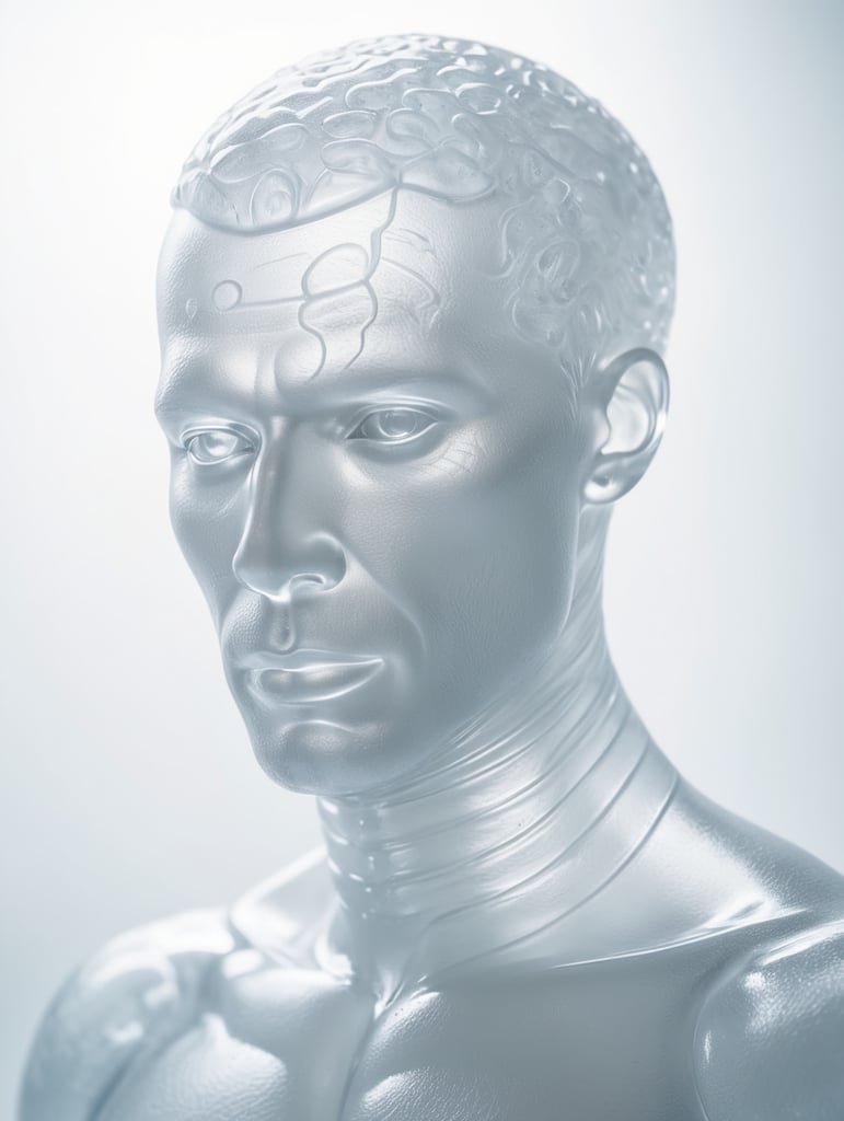 Portrait of a Translucent man made from the ice, organs are visible through the ice