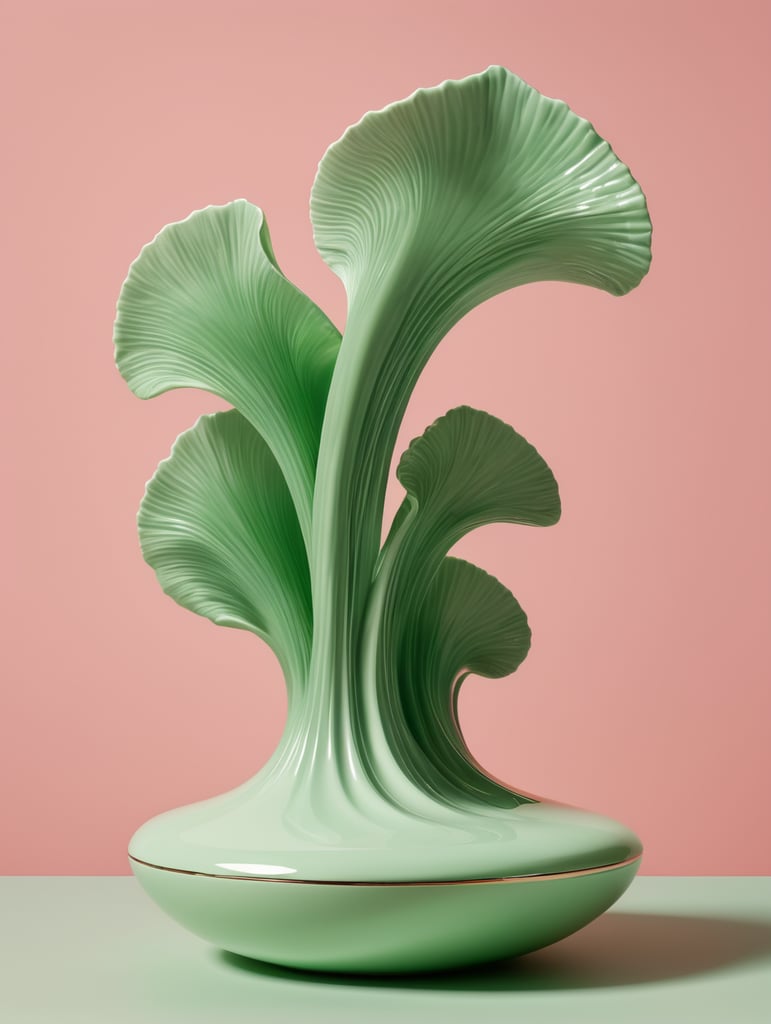 a singular object, floating in mid air, trippy, looks like a seaweed porcelain, structure, gloss, otherworldly, nature, photorealism, y2k, rave, plain pink colour background, light green, pinks, orange, baby pink