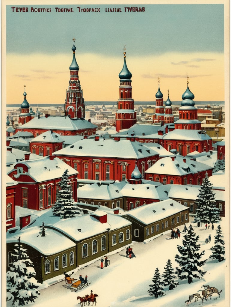 Russia, Tver city, vintage Christmas postcard illustration