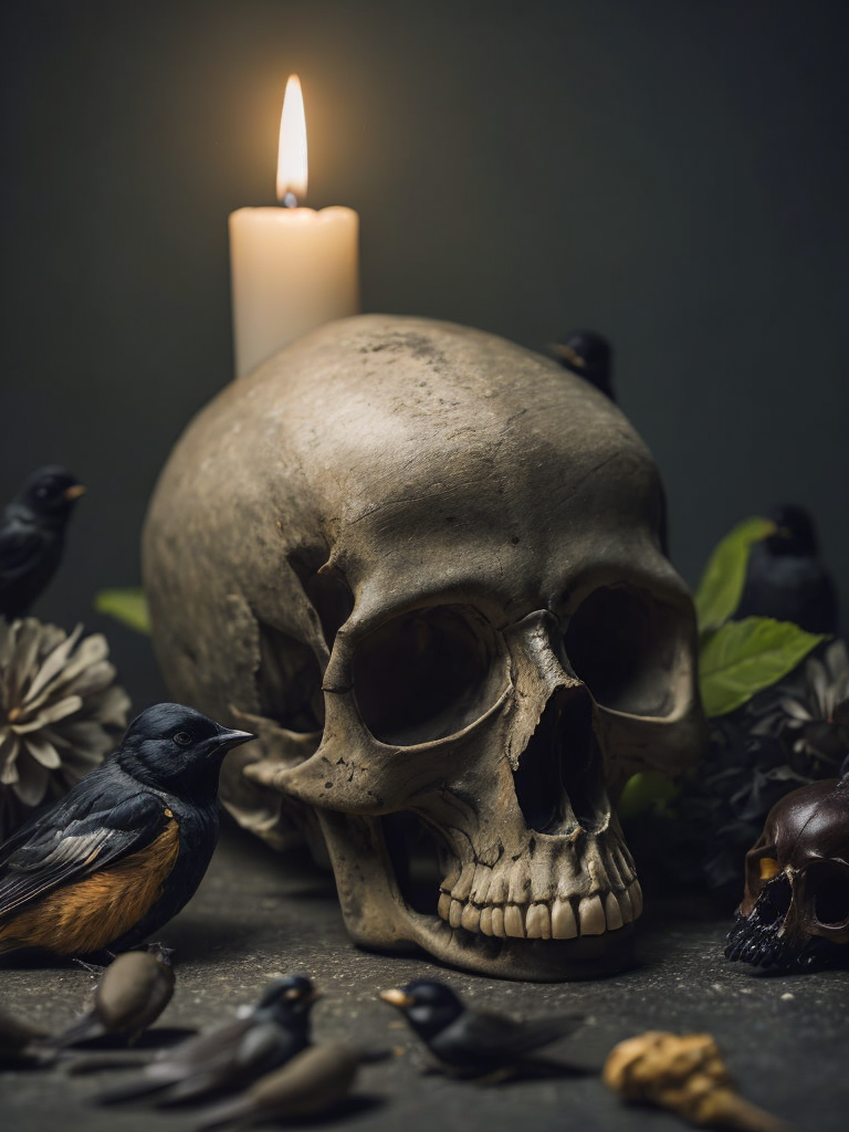 human skull dark candle light surrounded by dead black birds and insects, dark green background scattered dead flowers, shallow depth of field focus