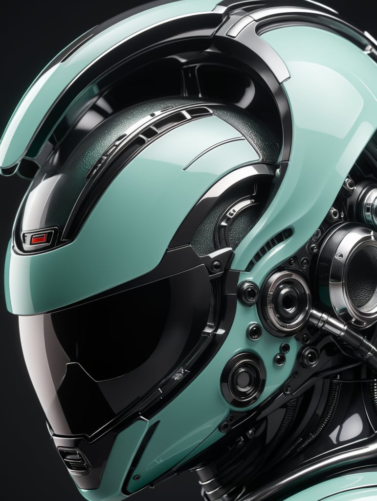 a super realistic professional very closeup detail photo of a modern futuristic minimal object, plastic glossy material with a rubber texture, a very close detail shot, minimal aesthetic, background wallpaper, black and silver colors with mint details