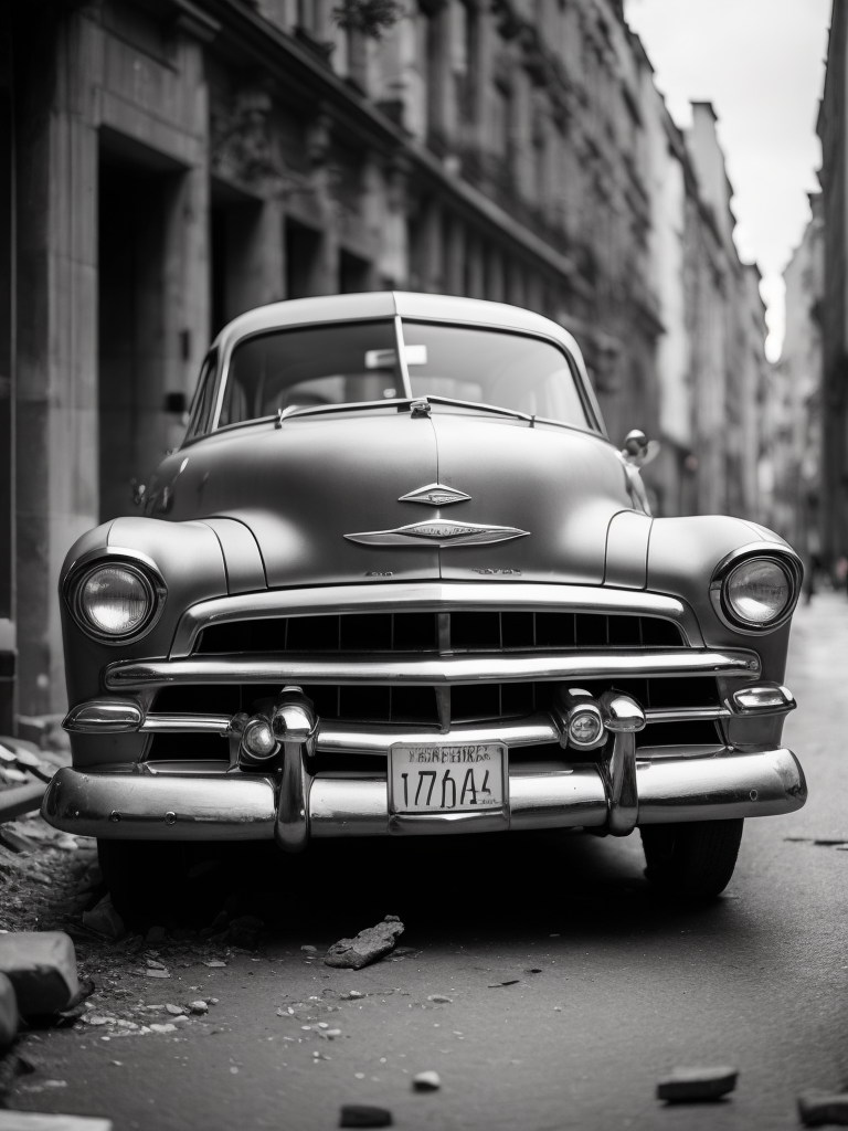 black and white photo of a 1952 Gray Chevrolet goes through bombed European city, world war 2