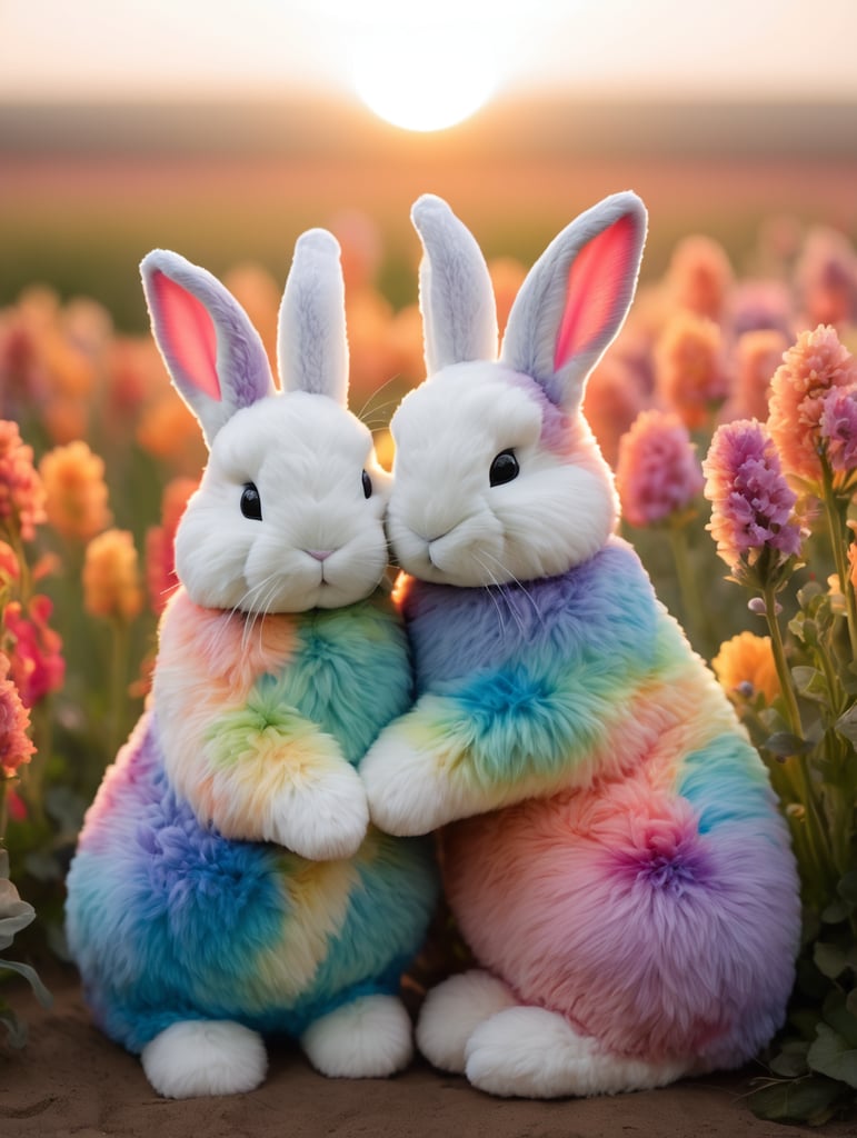 Two tie dye rainbow fur bunnies cuddling in field of flowers sunset